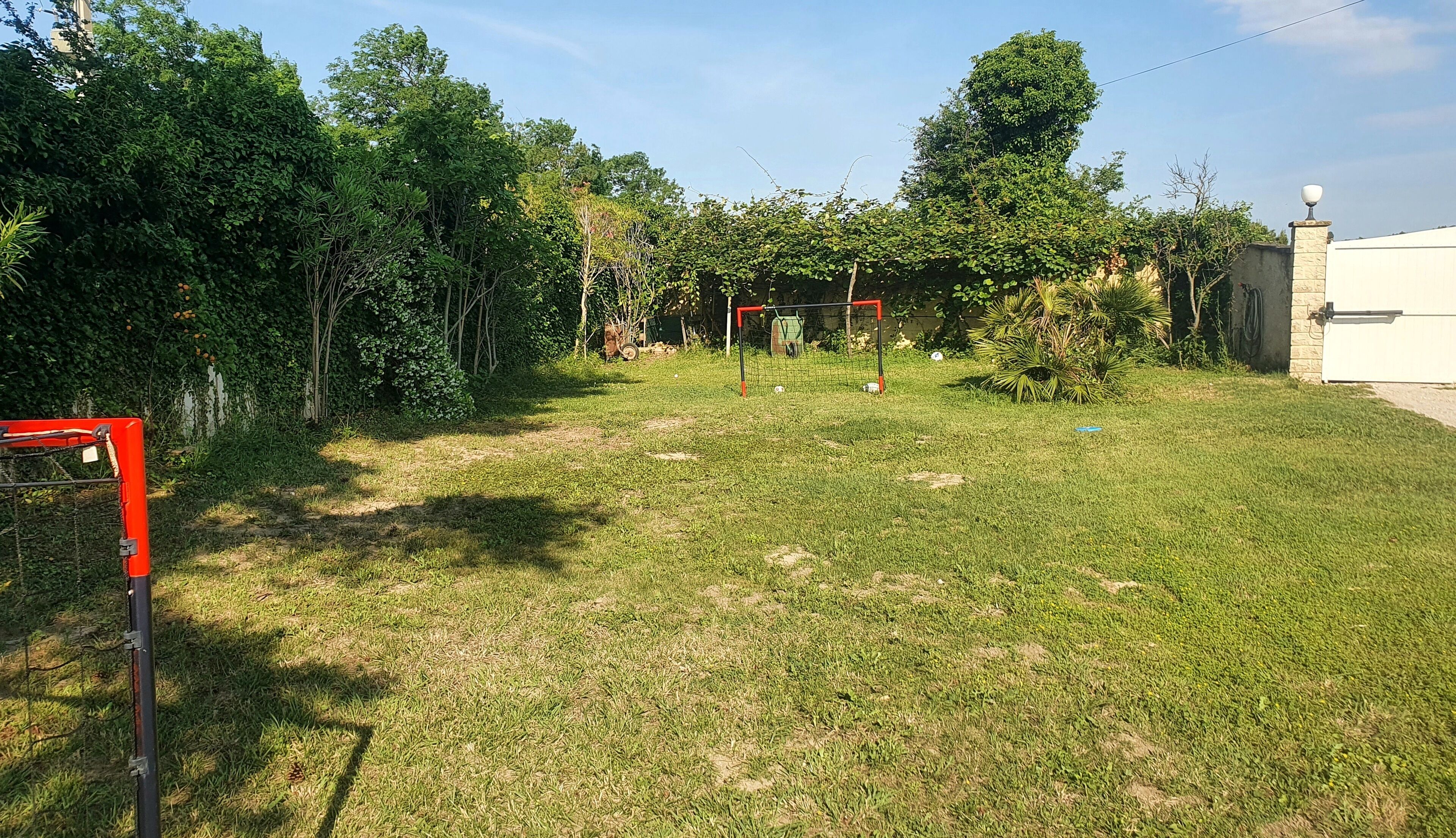 A grassy backyard with a soccer goal, trees, and a building.
