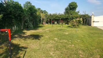 A grassy backyard with a soccer goal, trees, and a building.