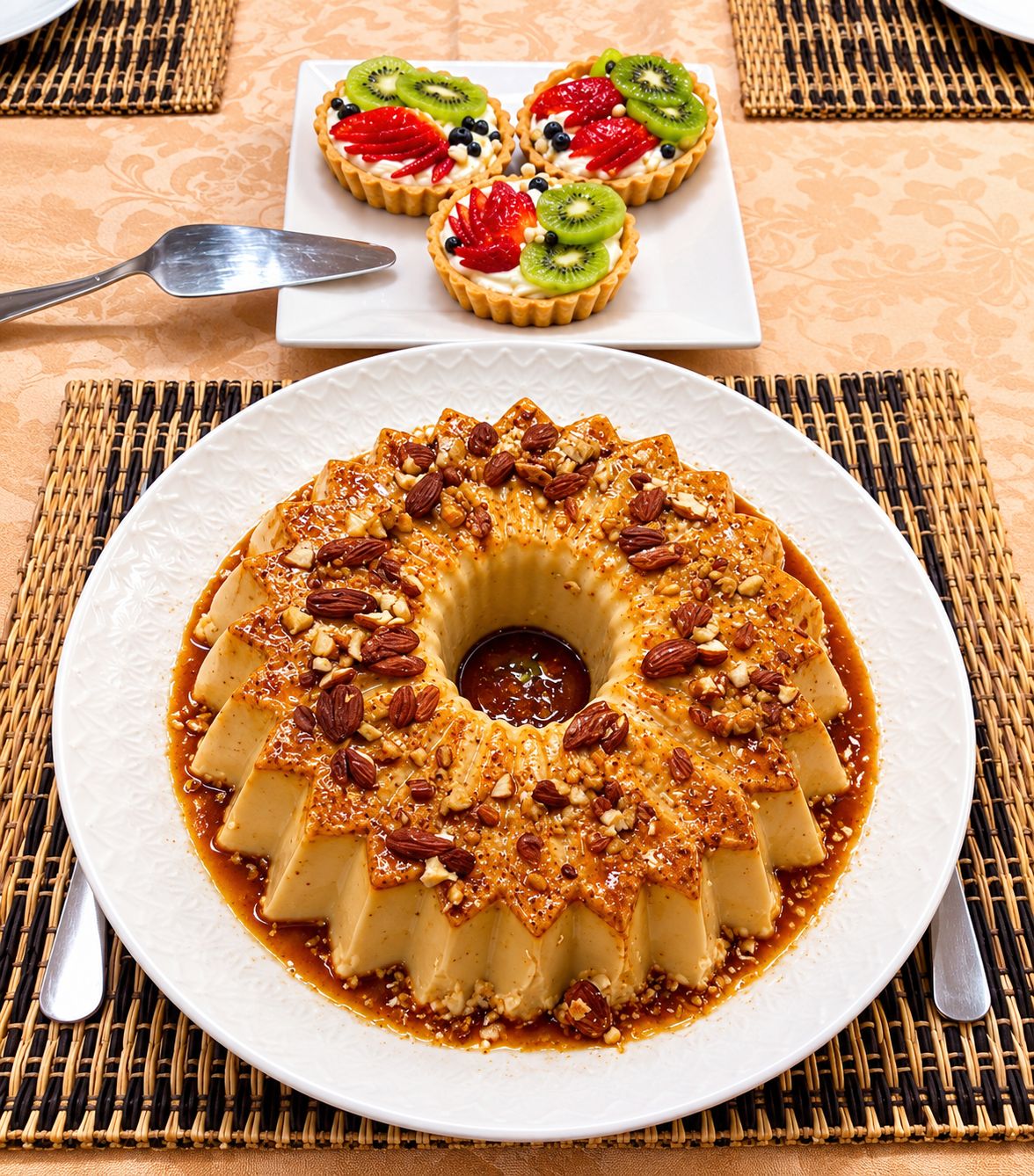 Un plato de postres con una tarta de frutas caramelizadas y un flan, ambos sobre un posavasos tejido.