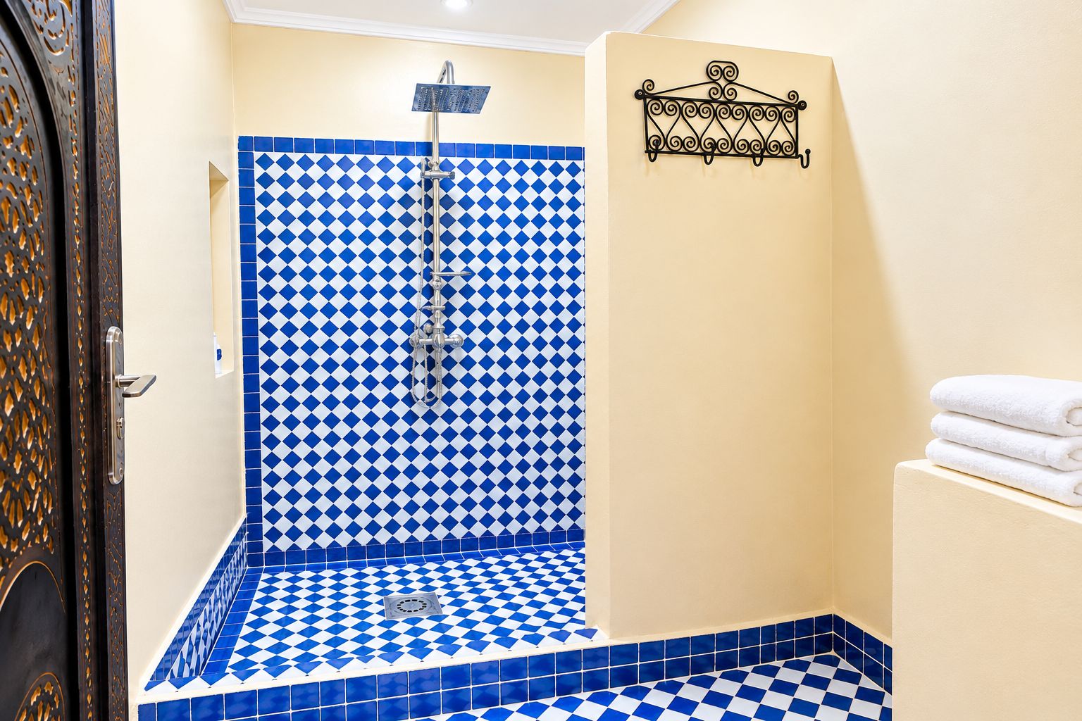 A bathroom with a blue and white checkered floor, a shower with a blue and white checkered wall, and a towel rack on the wall.