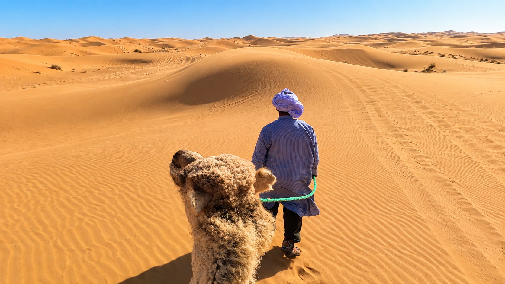 Paisaje desértico con dunas de arena y una persona guiando un camello.