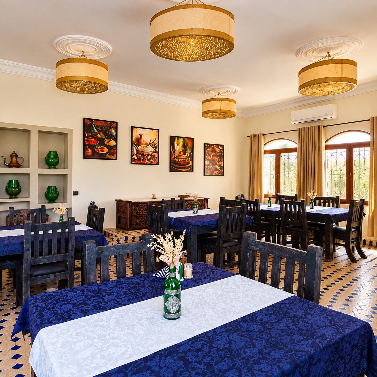 A dining area with multiple tables and chairs, decorative wall art, and a patterned floor.