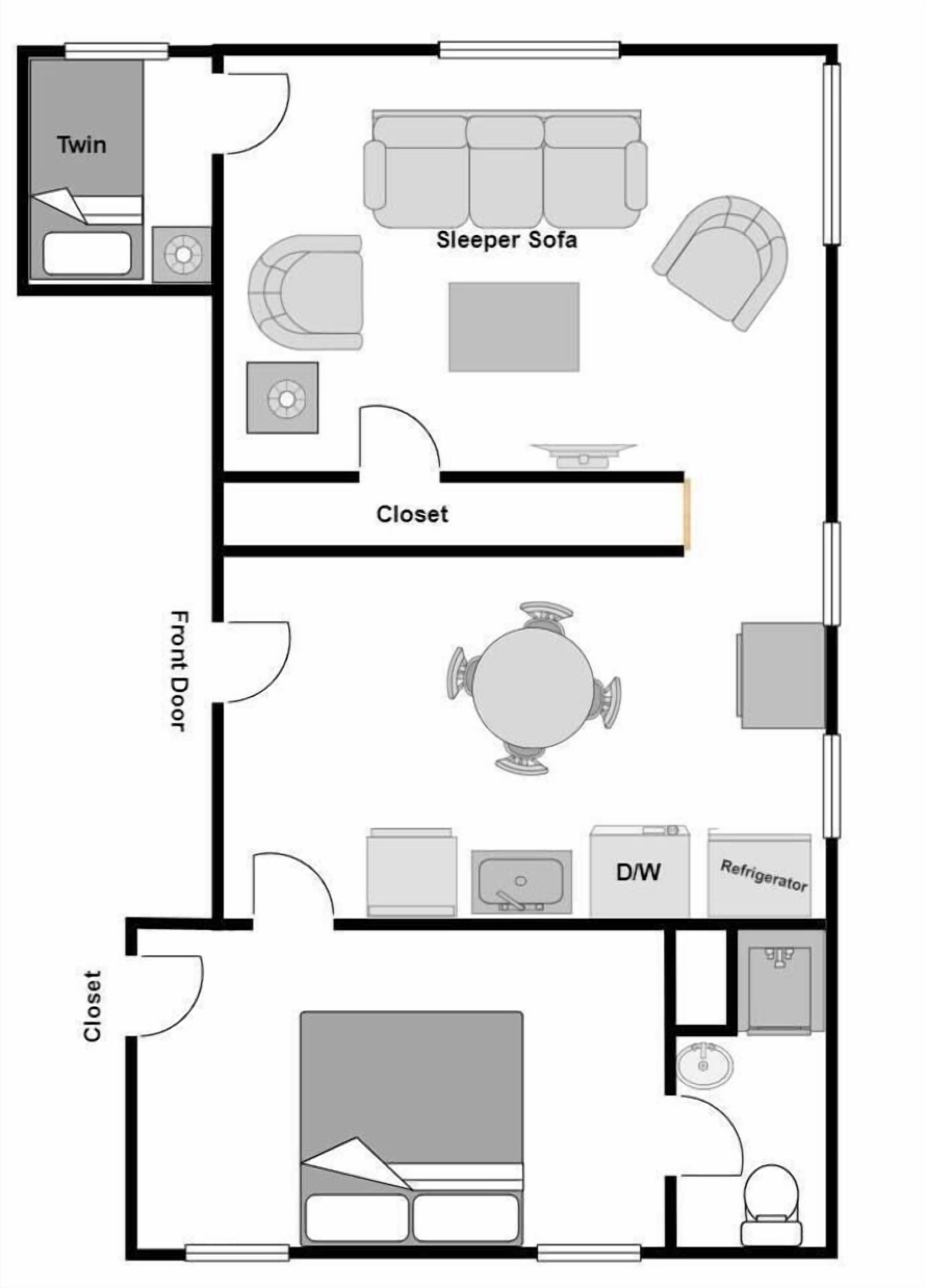 A floor plan with a twin room, sleeper sofa, closet, dining area, and a front door.