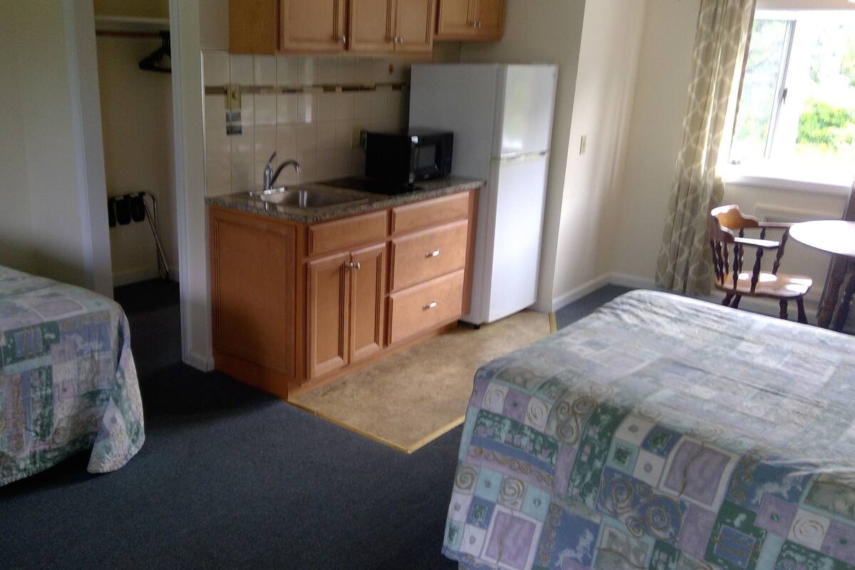 Une chambre avec deux lits, une kitchenette et un petit coin repas.