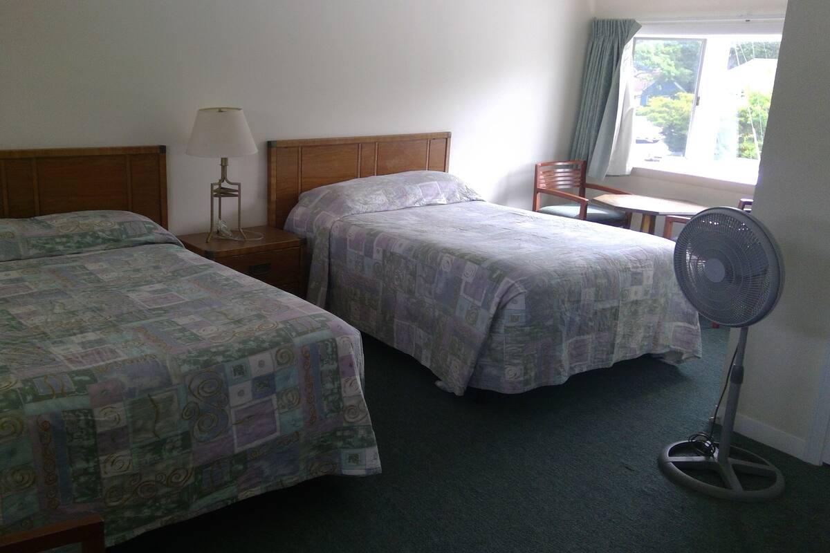 Une chambre d’hôtel avec deux lits, une table de chevet avec une lampe, un ventilateur sur pied et une fenêtre donnant sur un paysage verdoyant.