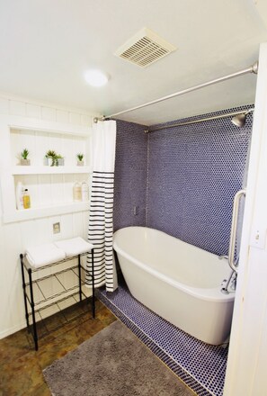 Hair dryer, towels, soap, shampoo