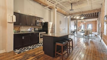 Apartment, 1 Bedroom | Private kitchen | Fridge, oven, coffee/tea maker