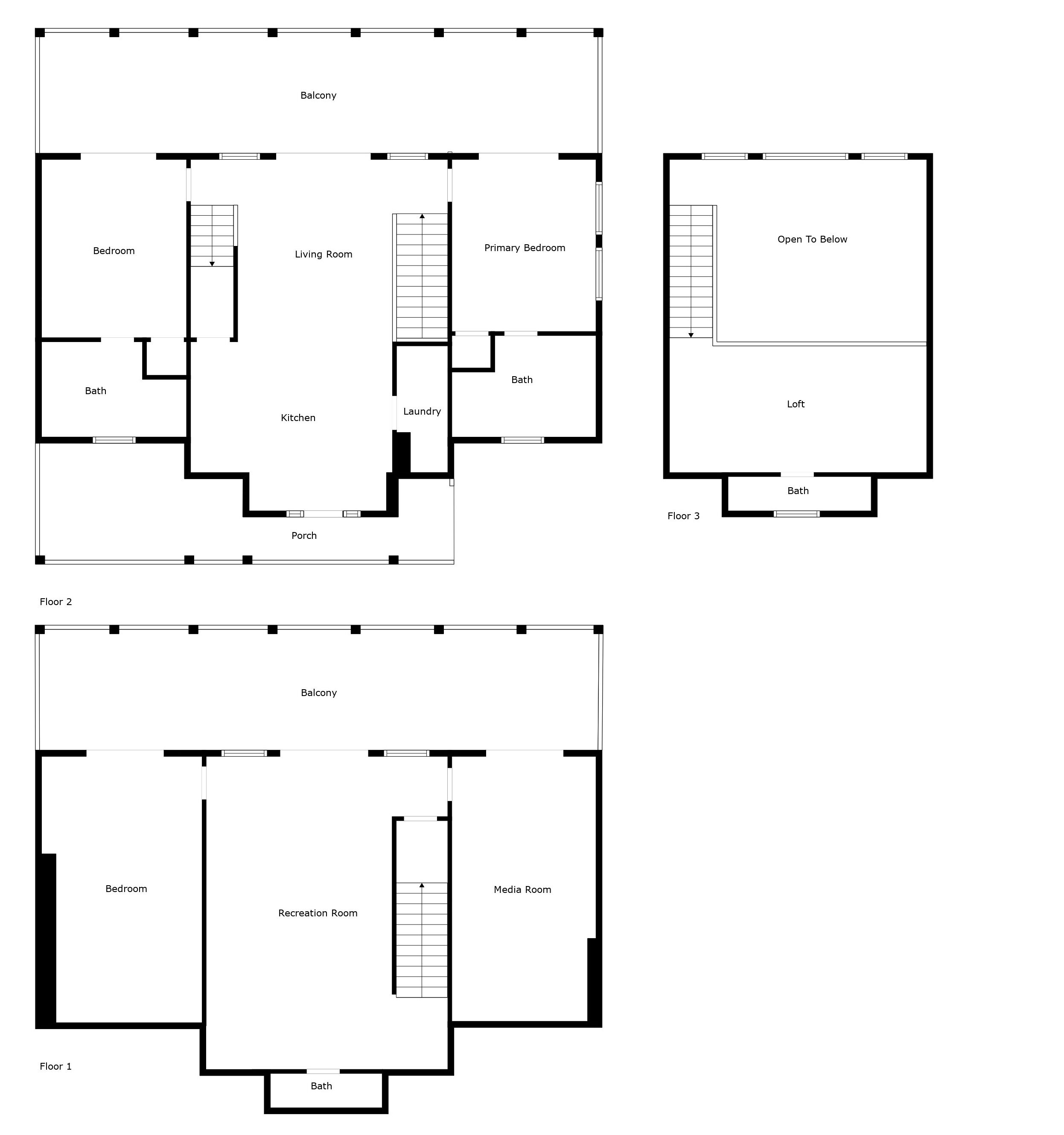Planta baixa de um hotel com dois andares. Cada andar possui uma varanda, um quarto, uma sala de estar, um banheiro, uma cozinha, uma área de lavanderia, um alpendre e uma sala de recreação. O segundo andar inclui também uma sala de mídia.