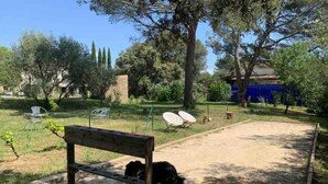 Espacio exterior cercado con banca, un perro y antenas parabólicas.