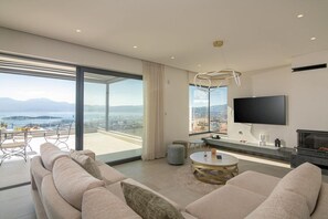 Flat-screen TV, fireplace