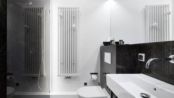 A modern bathroom with a glass-enclosed shower, a white toilet, and a large sink with a mirror.