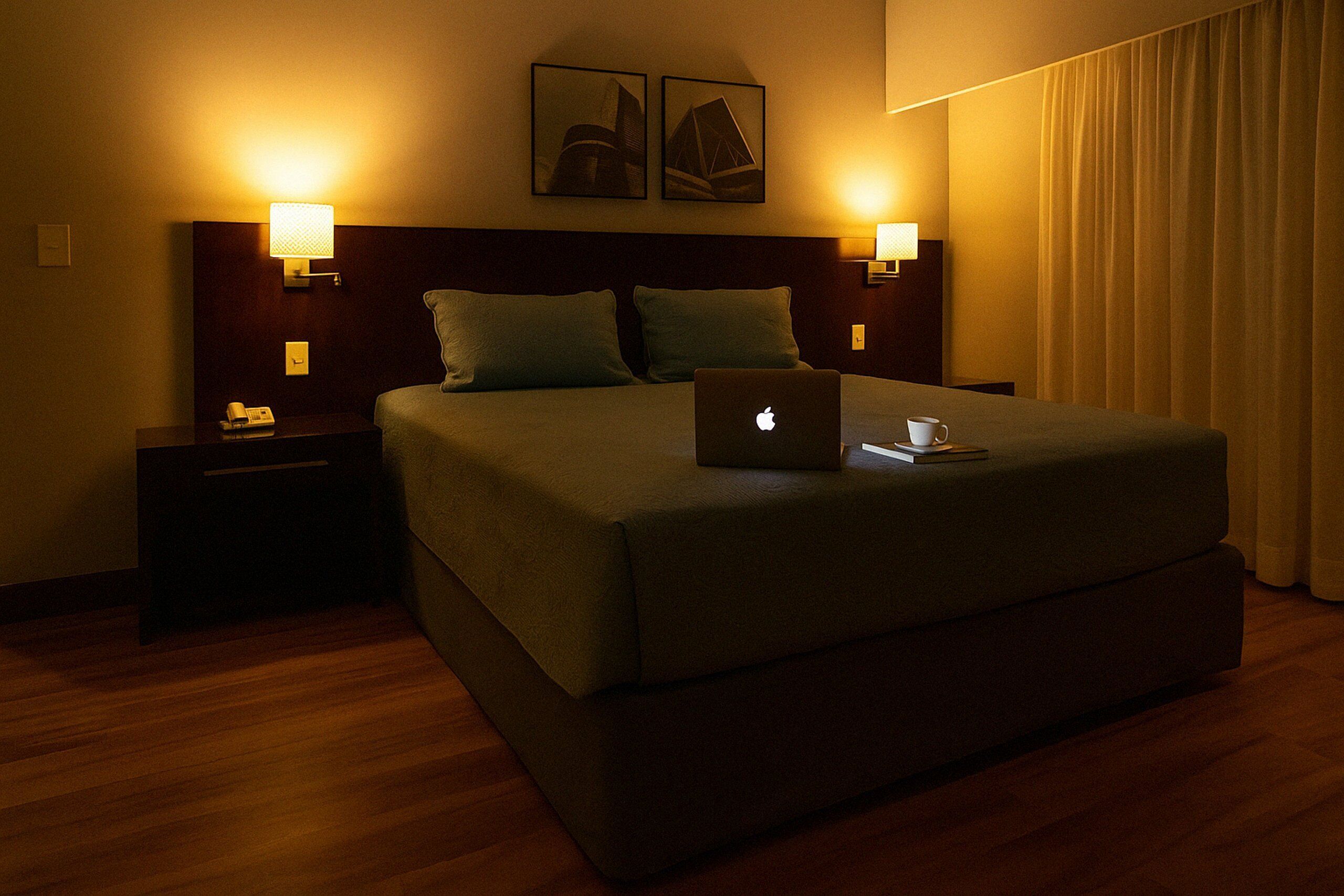 A hotel room with a large bed, two bedside lamps, a laptop, and a cup on the bed.
