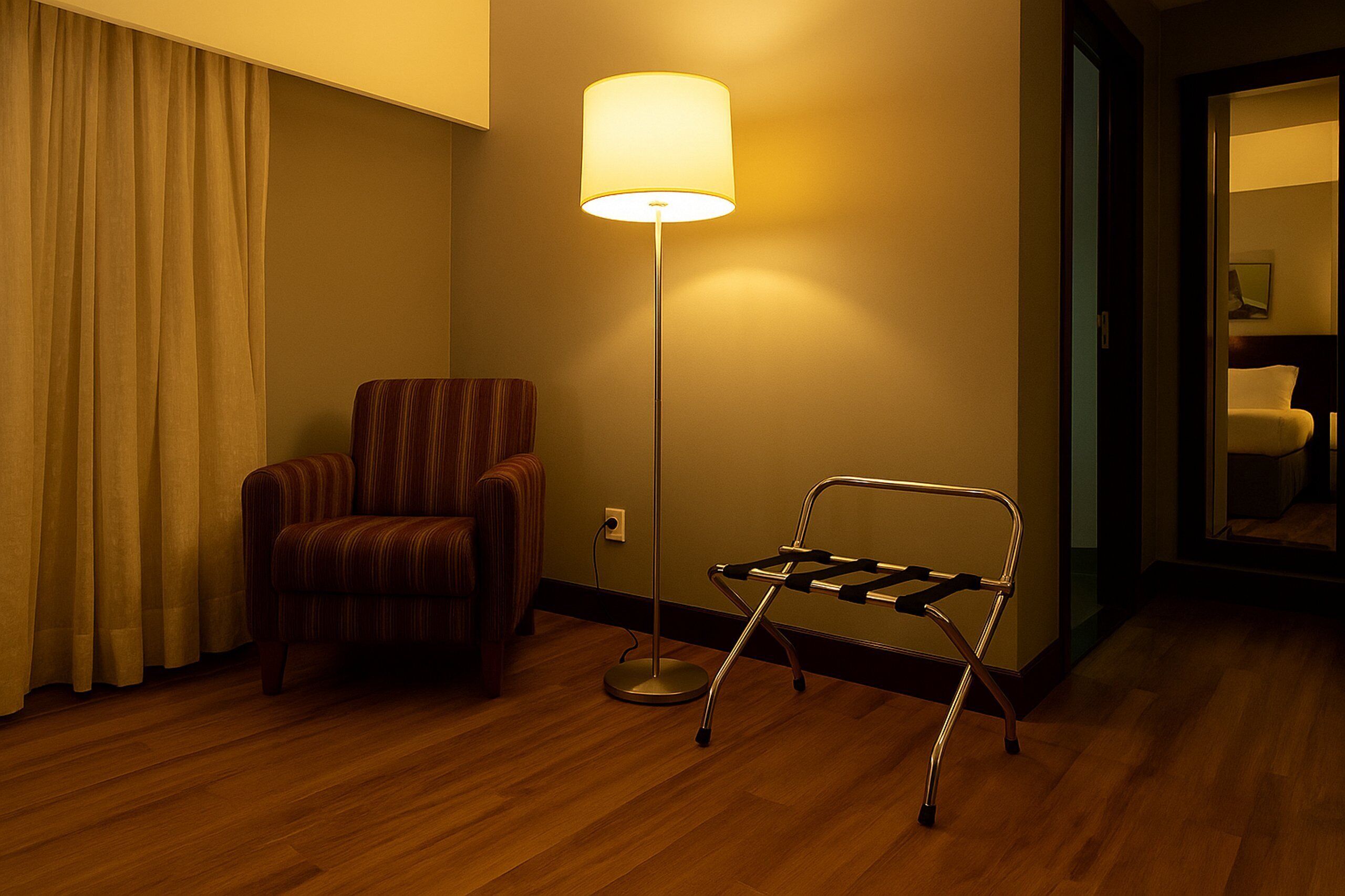 A hotel room with a wooden floor, a striped armchair, a floor lamp, and a metal folding chair.
