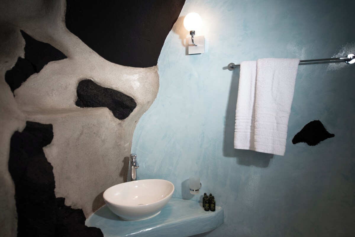 A bathroom with a cow's head design on the wall, a white sink, and a towel rack.