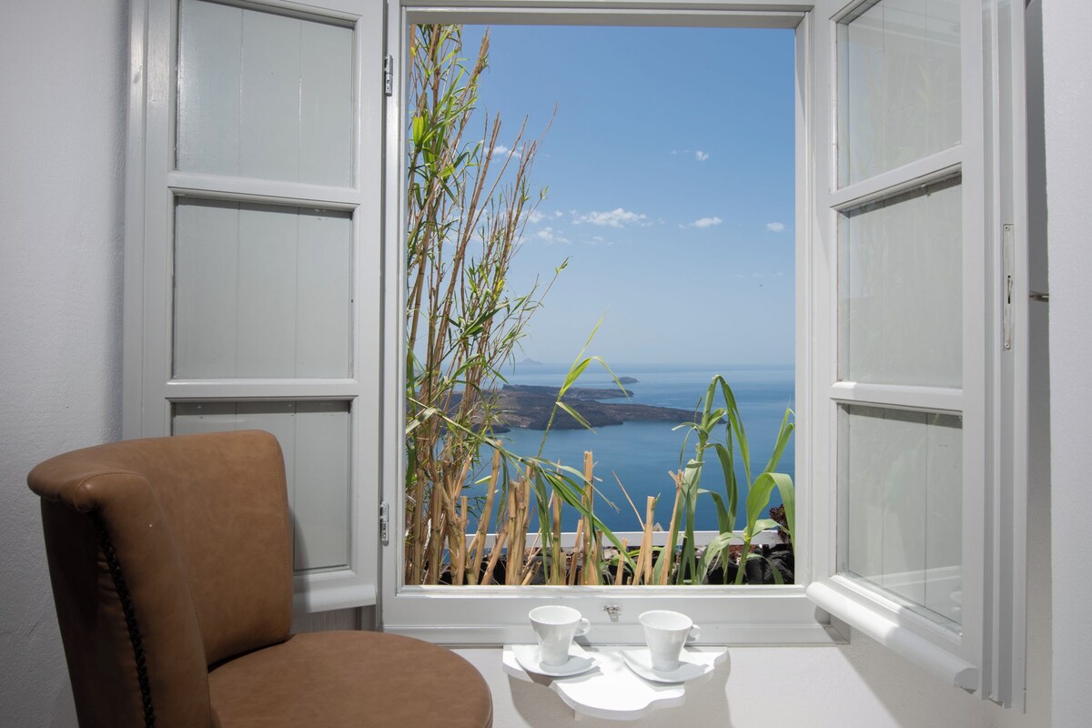 Ein Zimmer mit einem braunen Stuhl, einem kleinen Tisch mit Tassen und Blick auf das Meer durch eine offene Tür.