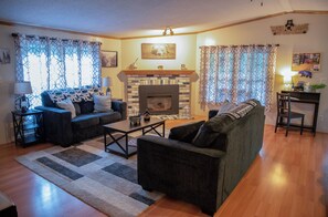 TV connectée, cheminée, lecteur de DVD, livres