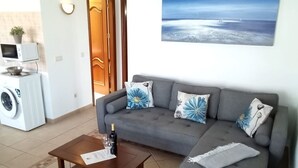 A living room with a grey sofa, two floral cushions, a wooden coffee table with a bottle of wine and glasses, and a washing machine in the background. - Looking for a vacation in the sun? Book Casa Morgana now! (Playa Blanca)