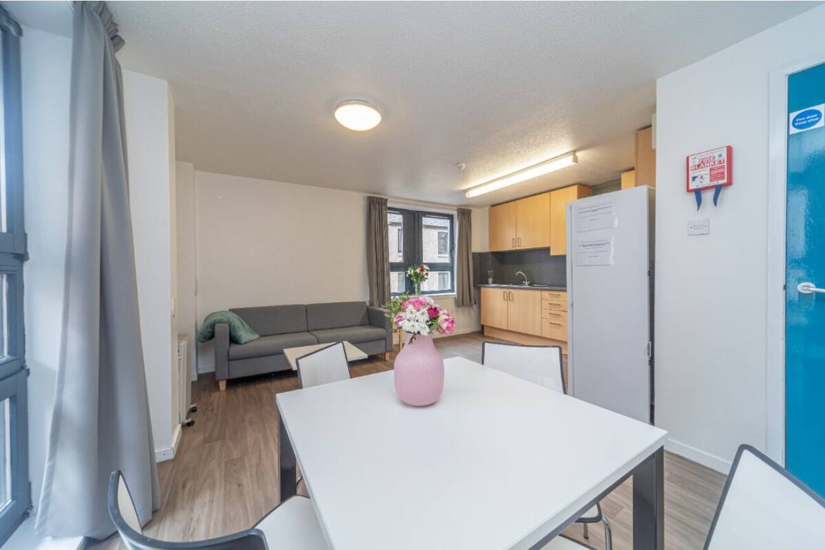 A modern apartment with a dining area, kitchen, and living space.
