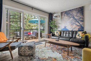 Smart TV, fireplace, books, stereo