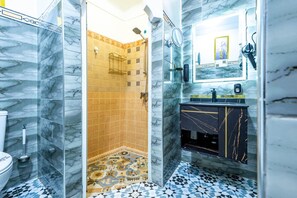 Hair dryer, towels, soap, shampoo