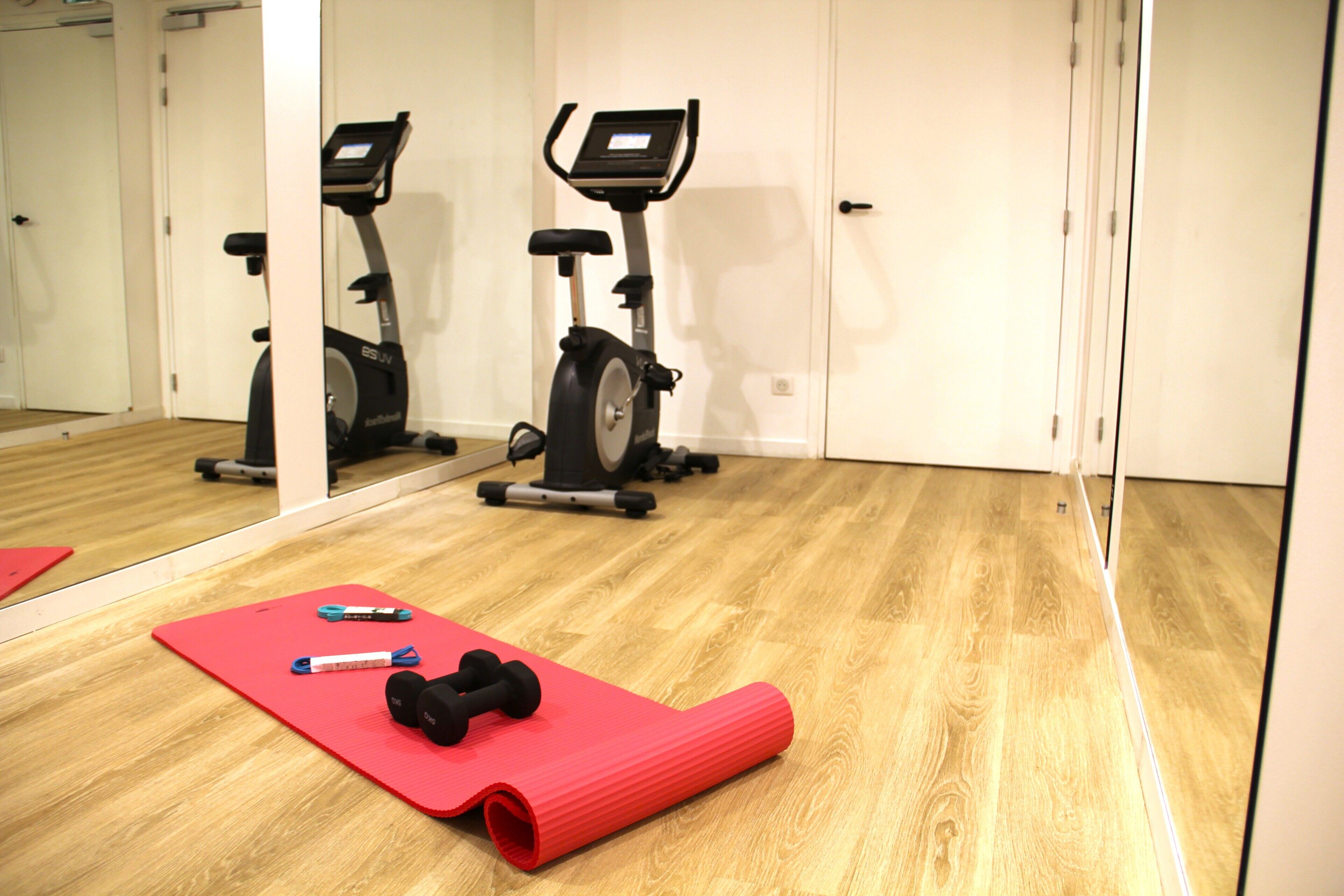 Een sportschool met trainingsapparatuur en een rode mat op de vloer.