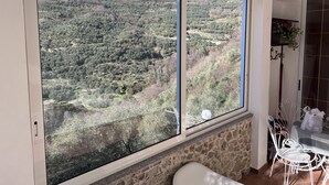 A room with a large window overlooking a hilly landscape. - Vacation Home Paola Aurigo, relaxation, quiet and 16 km from the sea (Aurigo)