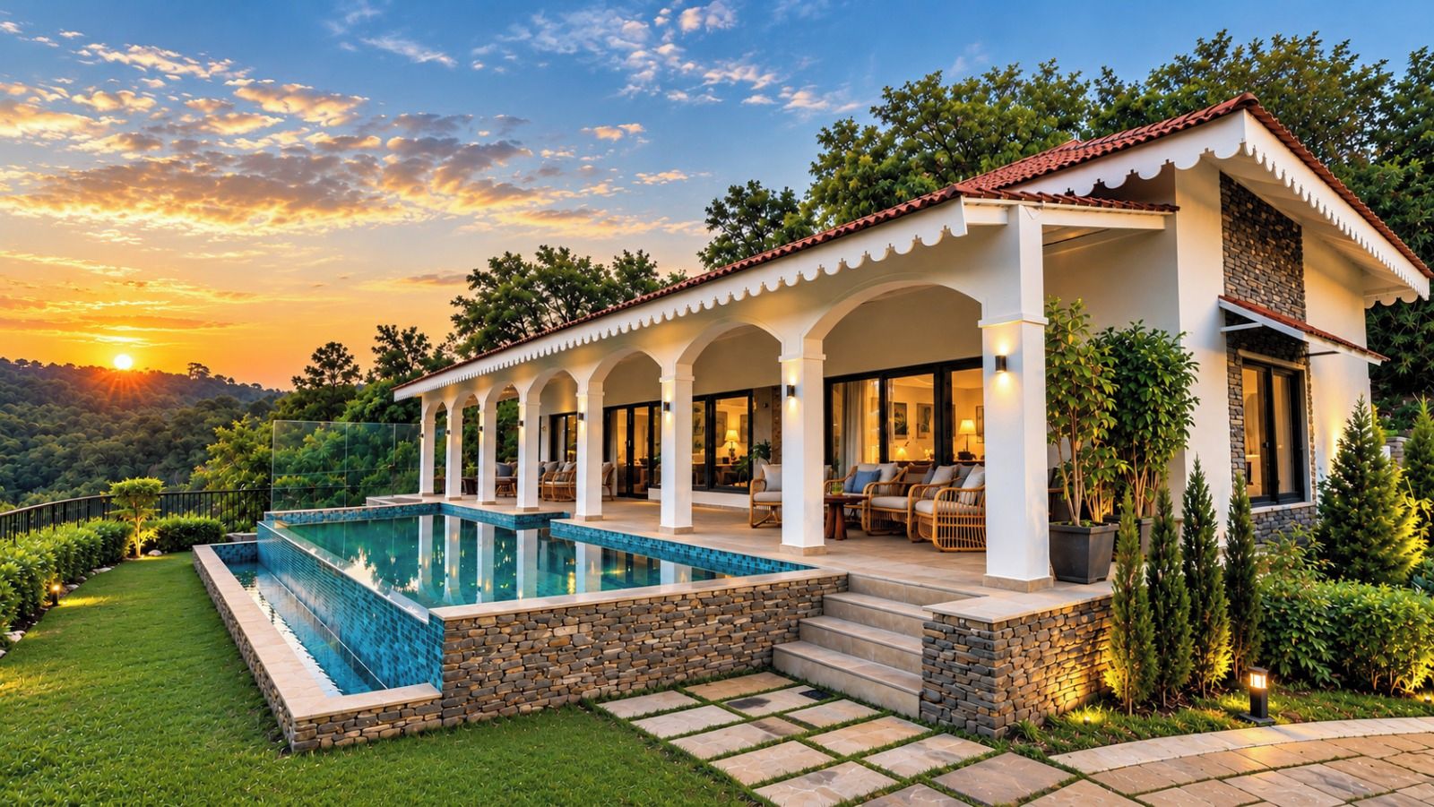 Una casa moderna con piscina, mobiliario exterior y vistas a la puesta de sol.