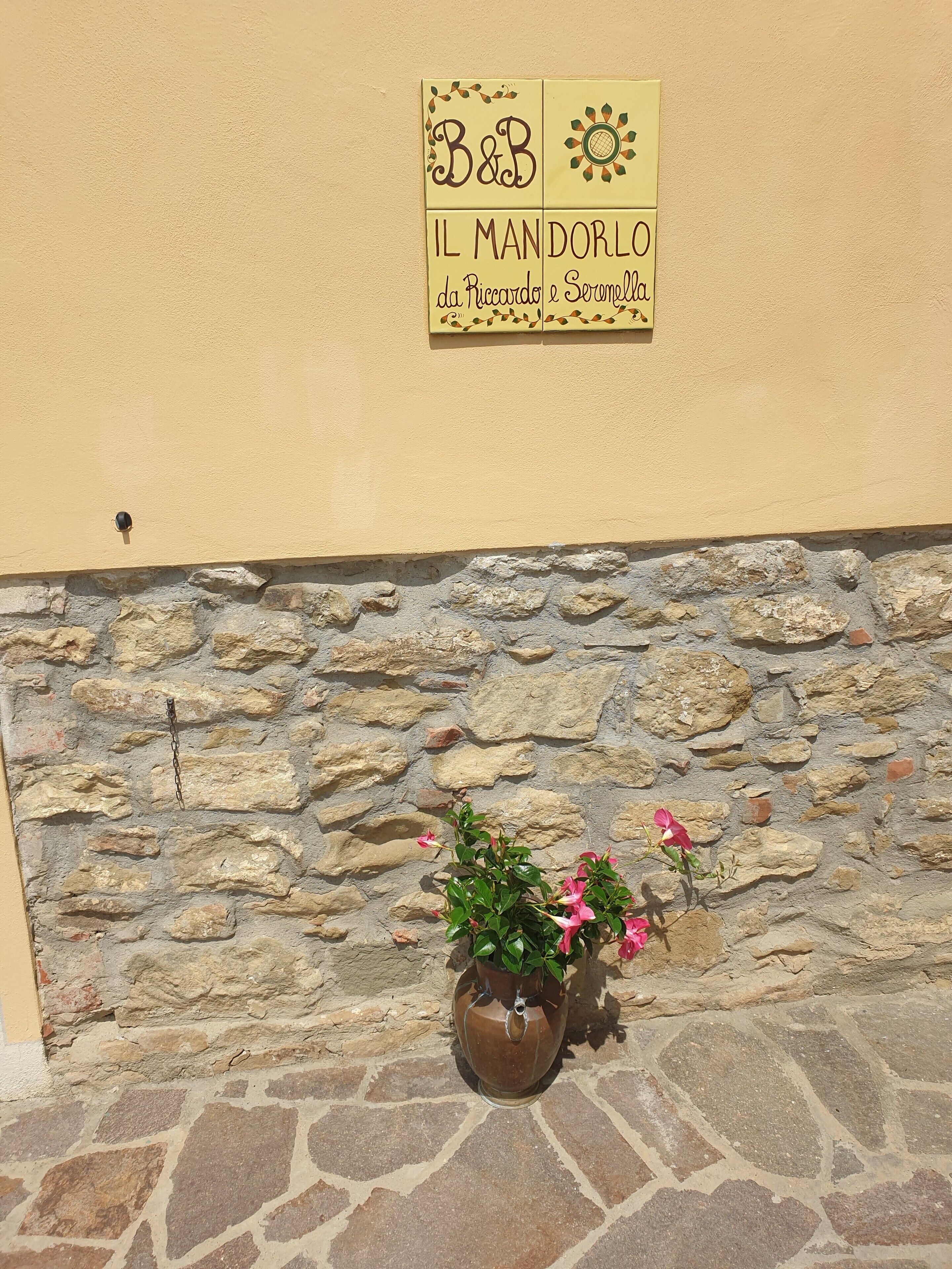 Placa de identificação do 'B&B Il Mandorlo', com parede de pedra e plantas em vasos.