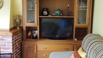 Smart TV, fireplace, books