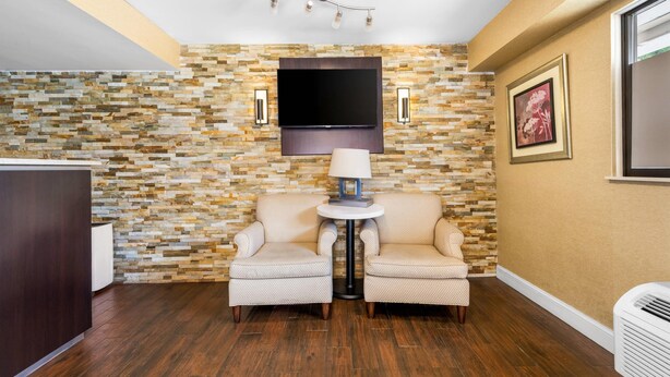 Un salon moderne avec un mur décoré d’un motif imitant la pierre, un téléviseur à écran plat, deux fauteuils, une petite table avec une lampe et un tableau encadré accroché au mur.