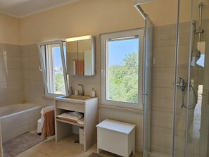 Hair dryer, towels, toilet paper