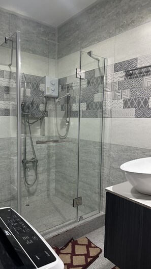 Hair dryer, towels, soap, toilet paper