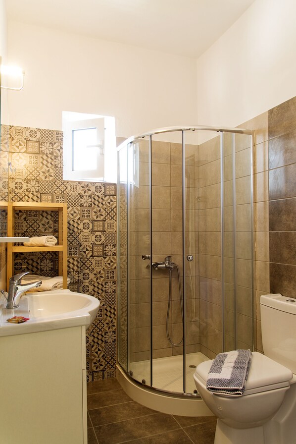 Shower, towels, soap, toilet paper