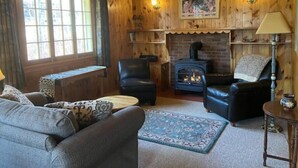 A cozy room with wooden walls, a fireplace, a sofa, a chair, and a table. - Iconic Knotty Pine Cabin in Charming Grand Marais (Grand Marais)