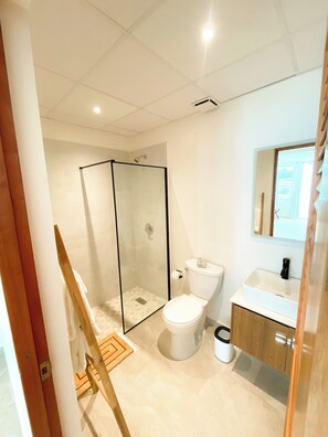 Shower, free toiletries, hair dryer, bathrobes