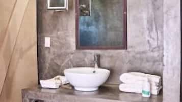 Hair dryer, towels, soap, shampoo