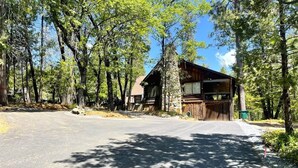 A cabin with a wooden exterior, a covered porch, and a paved driveway leading to it.
