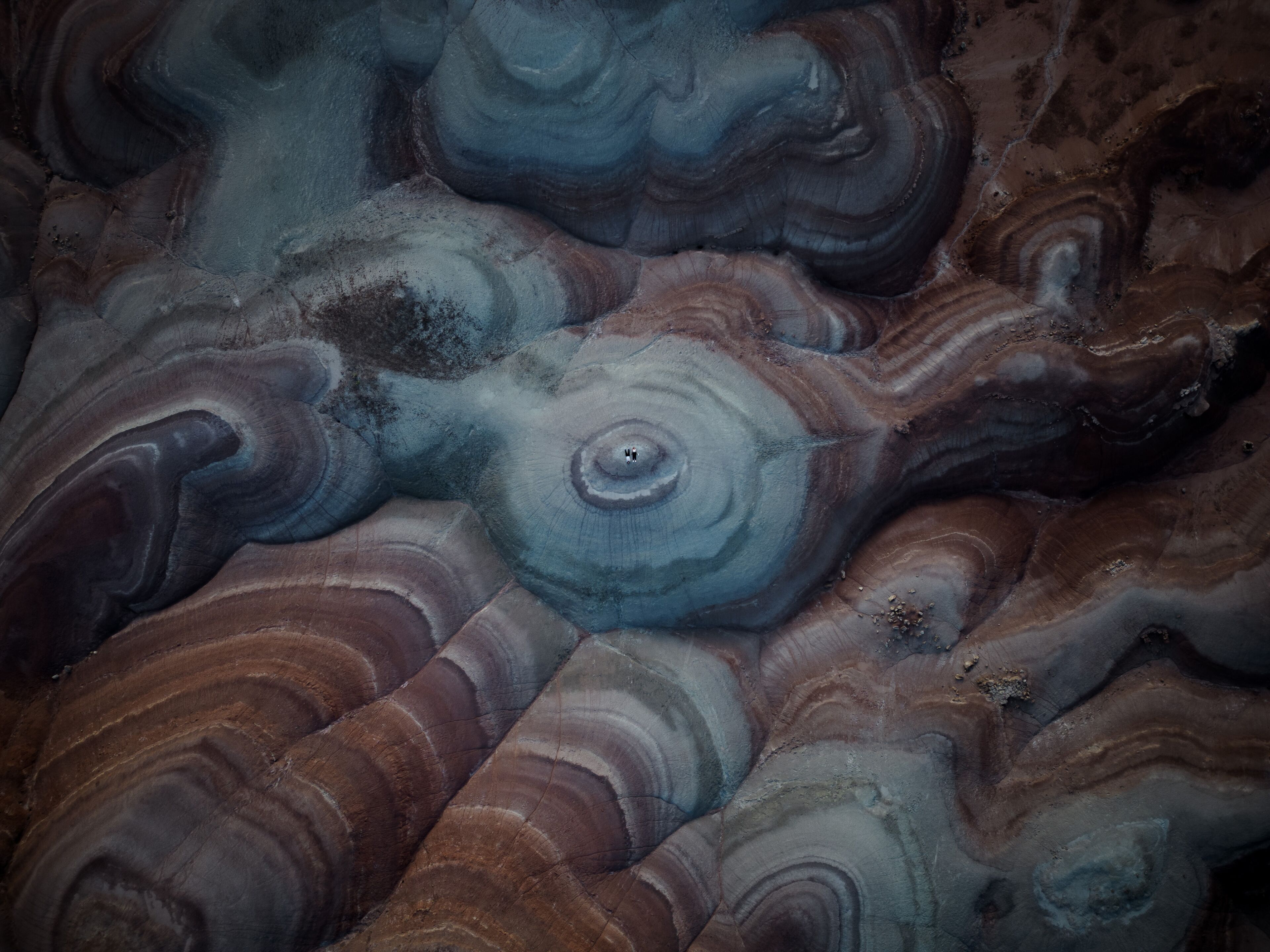 A close-up of a rock formation with concentric patterns and textures.