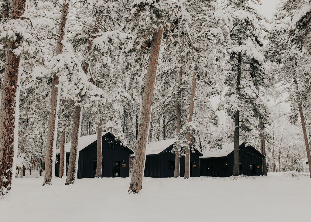 Une rangée de cabanes noires, entourées d’arbres couverts de neige.