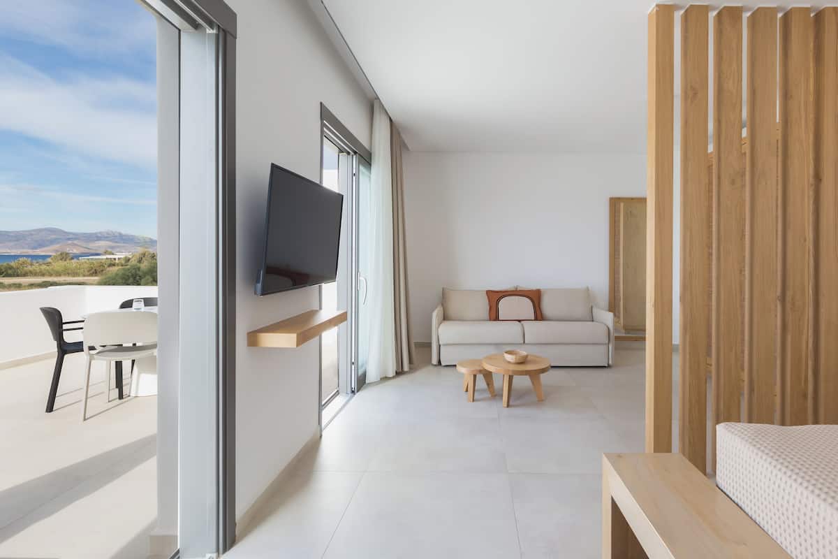 A modern living room with a sofa, a TV mounted on the wall, and a wooden partition.
