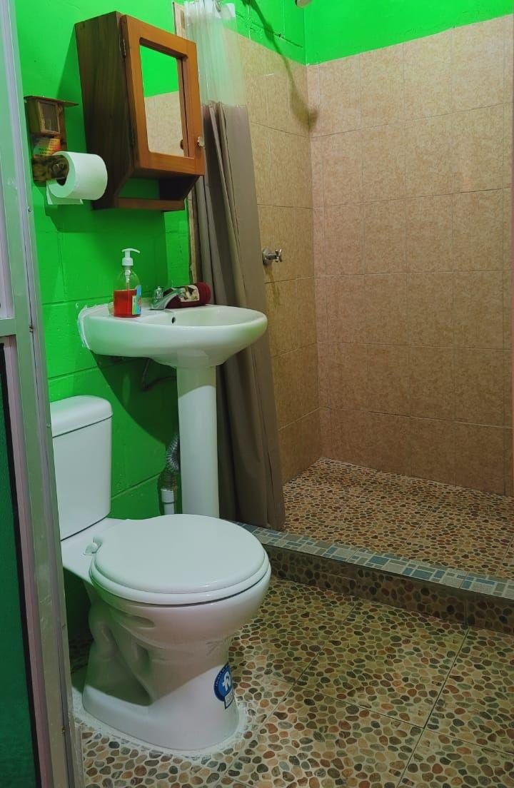 Un baño con inodoro, lavabo y zona de ducha.
