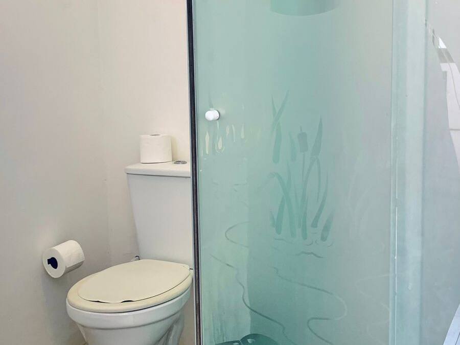 A bathroom with a toilet, a glass shower enclosure, and a toilet paper holder.