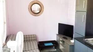 A compact room with a bed, a small desk, a television, and a kitchenette. - Travelnest Tranquility Tiny Home (Johannesburg)
