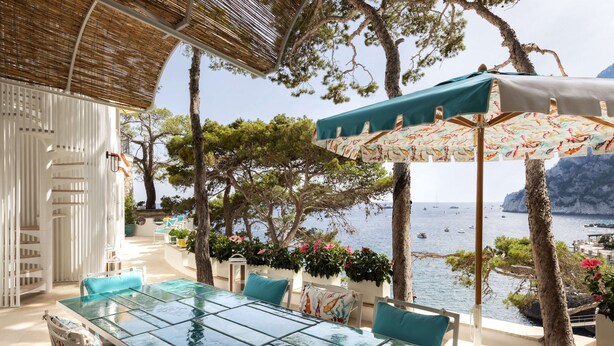 An outdoor dining area with a glass table and chairs, surrounded by potted plants and overlooking the sea. - Villa Sabrina by Elite Villas (Capri)