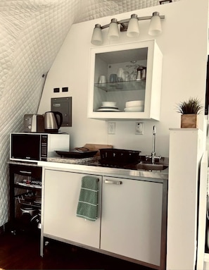 Cocina compacta con microondas, tostadora, hervidor y estufa. Se ve un armario con una toalla verde, y una repisa con vajilla y una planta.