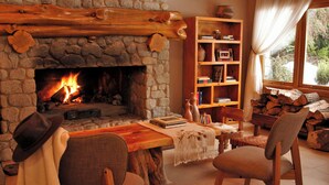Una sala de estar acogedora con chimenea de piedra, muebles de madera y una estantería llena de libros y objetos decorativos.