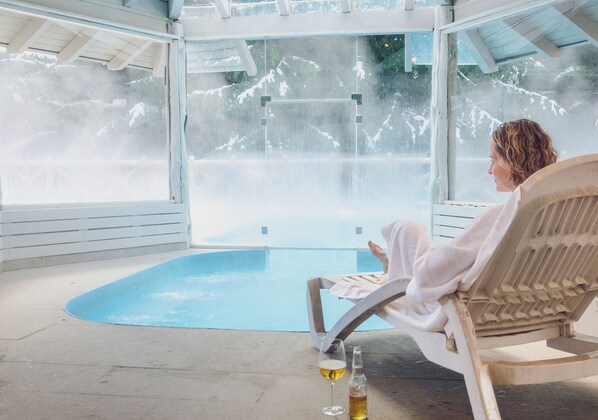 Indoor pool, outdoor pool, pool loungers