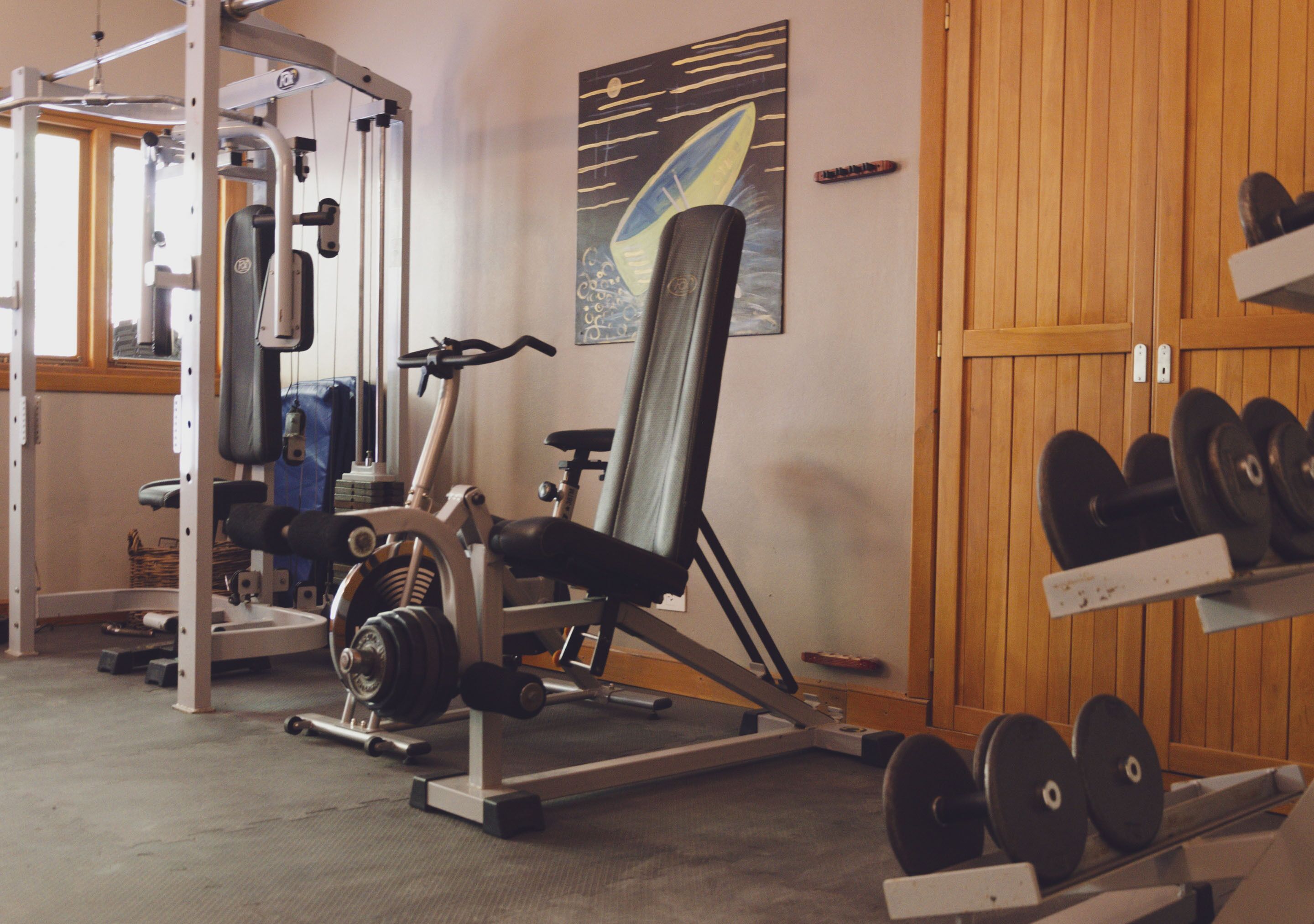 Una palestra con attrezzature per esercizi, un vogatore e un quadro appeso al muro.