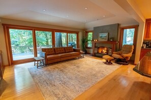 Smart TV, chimenea, reproductor de DVD y libros