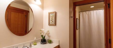 Une salle de bain avec un lavabo, un miroir et un rideau de douche.